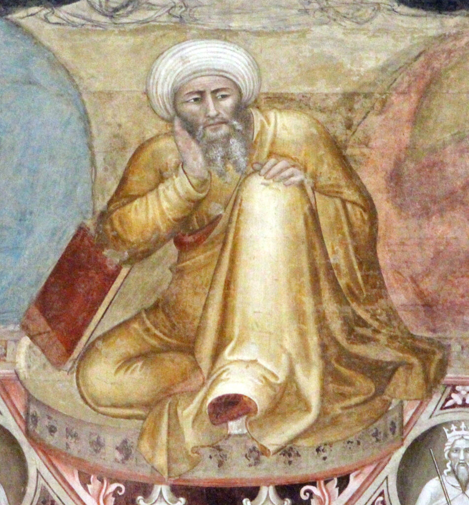 Der muslimische Gelehrte Ibn Rushd, genannt Averroes. Fresko von Andrea Bonaiuto, 14. Jahrhundert.